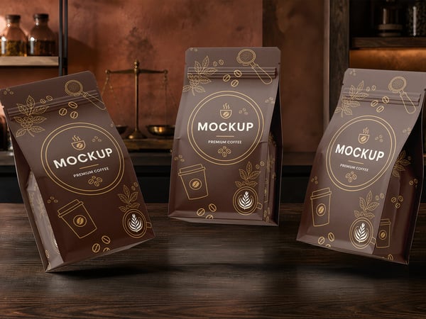EMBALAGENS STAND UP MOCKUP SOBRE MESA VISTA EM PERSPECTIVA
