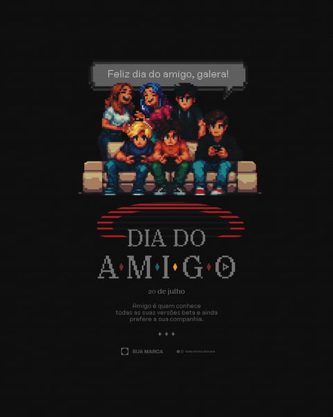 Dia do Amigo Pixel Art Gamer Antigo Amigos Estilo 8Bit Retro Vintage Social Media PSD Editável