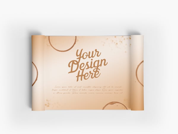 ROLO DE PAPEL MOCKUP PERGAMINHO VISTO DO TOPO ENROLADO DOCUMENTO HISTÓRICO TEXTO ESCREVER PSD
