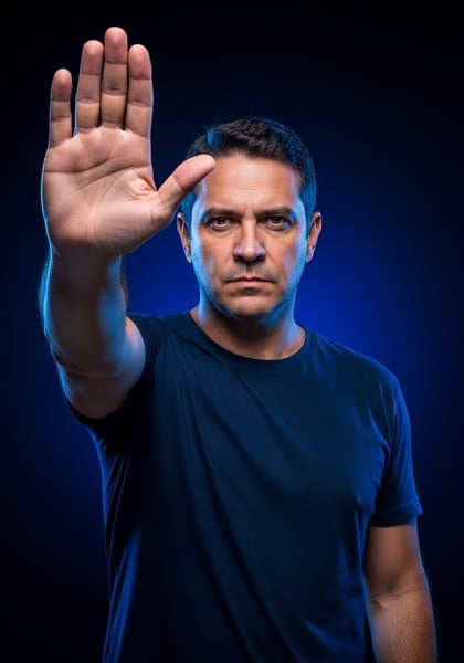 HOMEM SRIOS FAZENDO GESTO DE PARE COM A MÃO ABERTA CONCEITO DE PROIBIÇÃO AVISO LIMITE OU RECUSA SEGURANÇA E CONTROLE