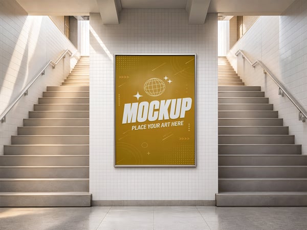 POSTER EMOLDURADO MOCKUP ENTRE ESCADAS VISTA FRONTAL SIMÉTRICA