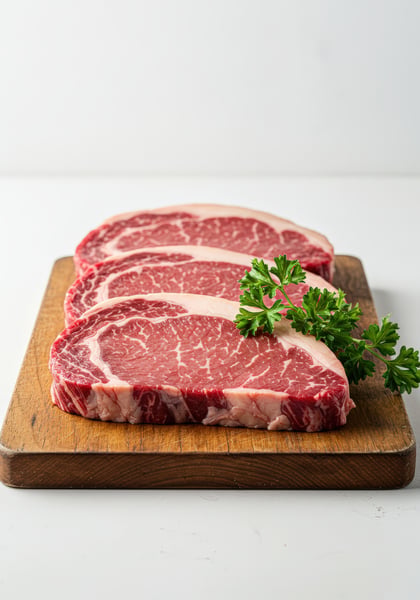 BIFES DE CARNE MARMORIZADA SOBRE TÁBUA DE MADEIRA 1
