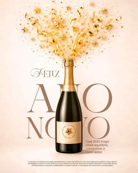 Celebração Ano Novo 2026: Champagne Dourado, Estrelas, Conquistas, Futuro Brilhante Social Media PSD Editável