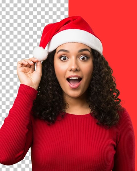 IMAGEM PARA COMPOSIÇÃO MULHER COM GORRO DE NATAL EXPRESSÃO DE SURPRESA PNG TRANSPARENTE