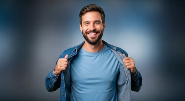 HOMEM BARBUDO FELIZ SORRINDO CAMISA JEANS E CAMISETA AZUL CASUAL