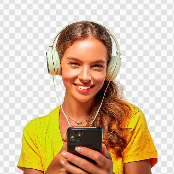 FOTO DE UMA MENINA OUVINDO MÚSICA COM O CELULAR NA MÃO, PNG SEM FUNDO TRANSPARENTE