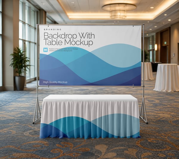 PAINEL DE FUNDO COM MESA PSD EDITÁVEL MOCKUP