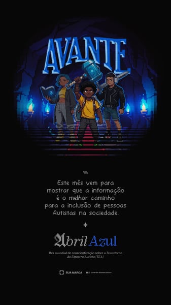 Campanha Abril Azul Conscientização Espectro Autista TEA Ilustração Pixel Art Retro Stories PSD Editável