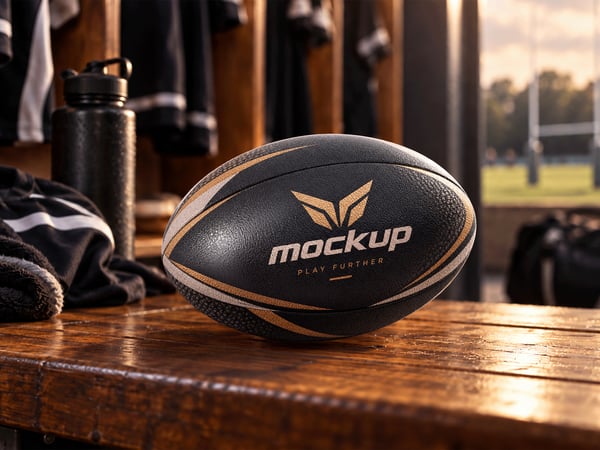 BOLA DE RUGBY MOCKUP EM VESTIÁRIO VISTA LATERAL