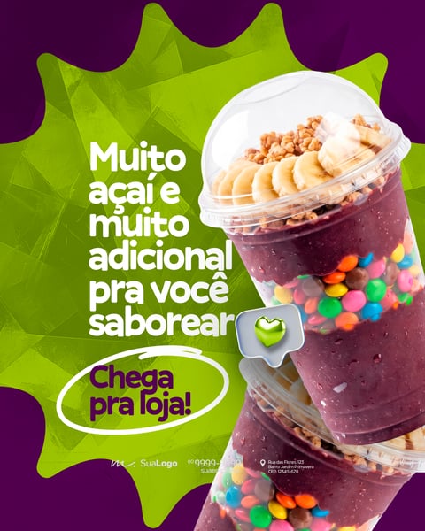 COPODE AÇAÍ EM CAMADAS COM CONFETES BANANA E GRANOLA POST PSD EDITÁVEL