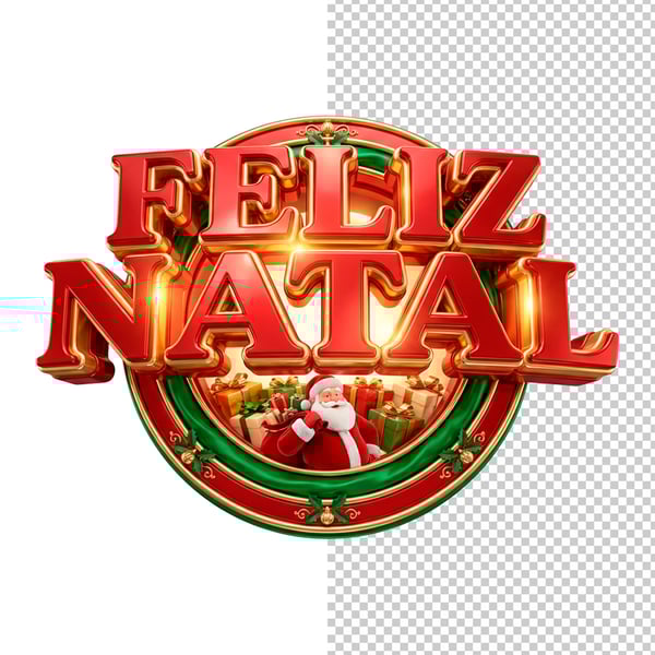 SELO 3D FELIZ NATAL COM PAPAI NOEL EM PNG TRANSPARENTE