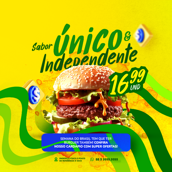 SEMANA DO BRASIL SELO 3D INDEPENDÊNCIA DO BRASIL 07 DE SETEMBRO COM OFERTAS HAMBURGUERIA PSD EDITÁVEL