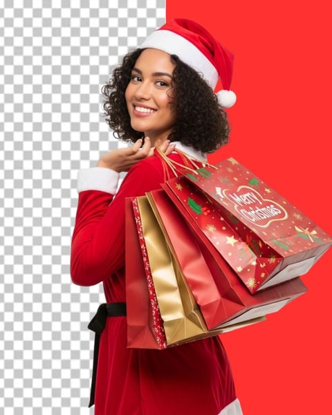IMAGEM PARA COMPOSIÇÃO MULHER COM GORRO DE NATAL SEGURANDO SACOLA DE COMPRAS NA MÃO PNG TRANSPARENTE 2