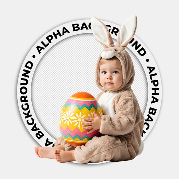 CRIANÇA COM FANTASIA DE COELHINHO DA PÁSCOA SENTADA SEGURANDO UM OVO DA PÁSCOA 01