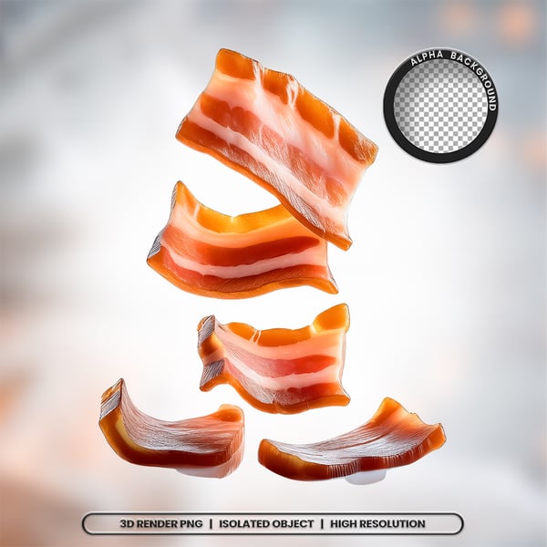 3D RENDER FATIAS PEDAÇOS DE BACON CARNE ELEMENTO ÍCONE PSD PNG