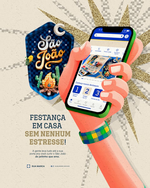 Post São João e Festa Junina Supermercado Delivery e Frete Grátis Social Media PSD Canva Editável