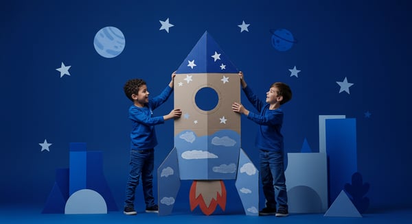 IMAGME PARA COMPOSIÇÃO CRIANÇAS COM PIJAMA SEGURANDO UM FOGUETE DE PAPELÃO