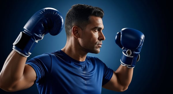 BOXEADOR MASCULINO FOCADO COM LUVAS AZUIS EM POSIÇÃO DE LUTA ATLETA DETERMINADO PARA TREINO DE BOXE E FITNESS