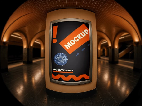 POSTER CURVO MOCKUP NA ESTAÇÃO DE METRO LENTE ANGULAR