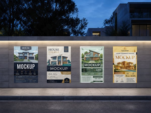 Quatro POSTERS MOCKUP EM MURO URBANO VISTA FRONTAL