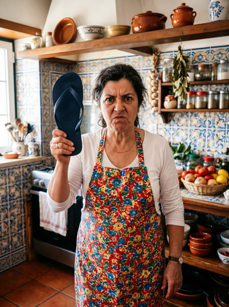 Mãe COZINHEIRA COM SEU CHINELO AVAÍANAS NAS MÃOS 01