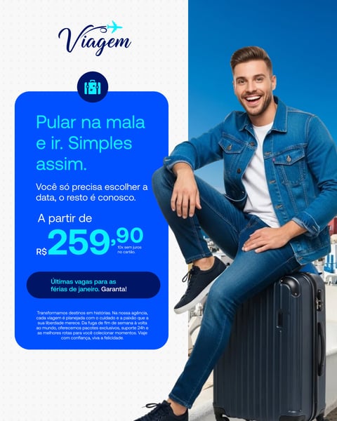 Homem Feliz Sentado Na Mala, Pronto Para Sua Viagem Espontânea Social Media PSD Editável