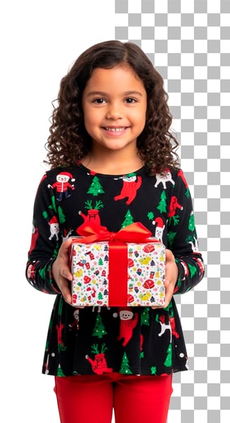 IMAGEM PARA COMPOSIÇÃO CRIANÇA MENINA COM ROUPA NATALINA SEGURANDO UM PRESENTE NAS MÃOS PSD