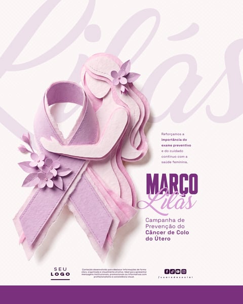 MARÇO LILÁS CAMPANHA DE CONSCIENTIZAÇÃO E COMBATE AO CÂNCER DE COLO DE ÚTERO SOCIAL MEDIA PSD EDITÁVEL 8