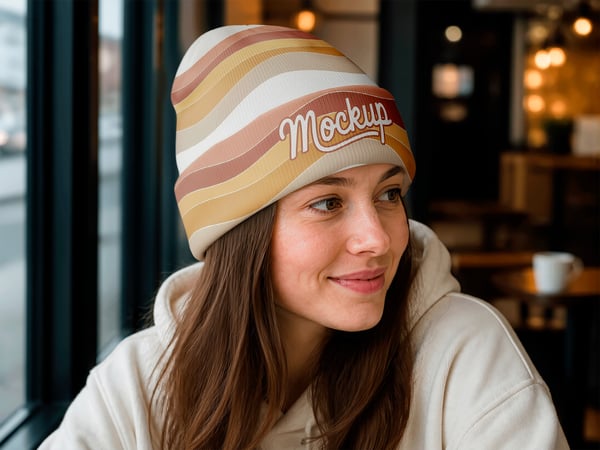 GORRO MOCKUP NA JANELA DE CAFETERIA Vista FRONTAL
