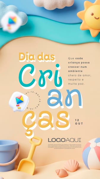 DIA DAS CRIANÇAS PRAIA BRINQUEDOS 3D SOCIAL MEDIA FLYER PSD EDITÁVEL STORY