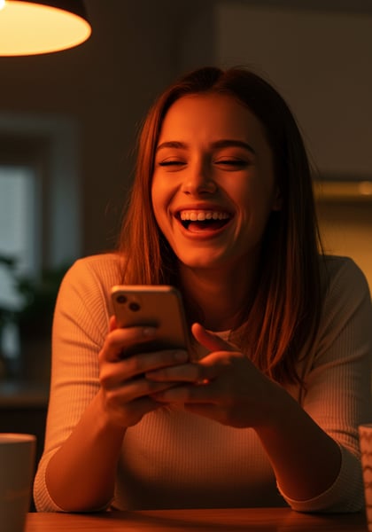 JOVEM MULHER FELIZ RINDO AO USAR SMARTPHONE SOB LUZ QUENTE