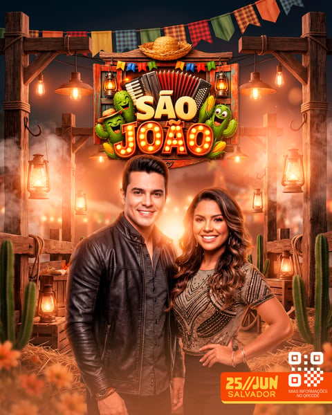 FLYER SÃO JOÃO COM DUPLA DE FORRÓ EM CENÁRIO JUNINO REALISTA