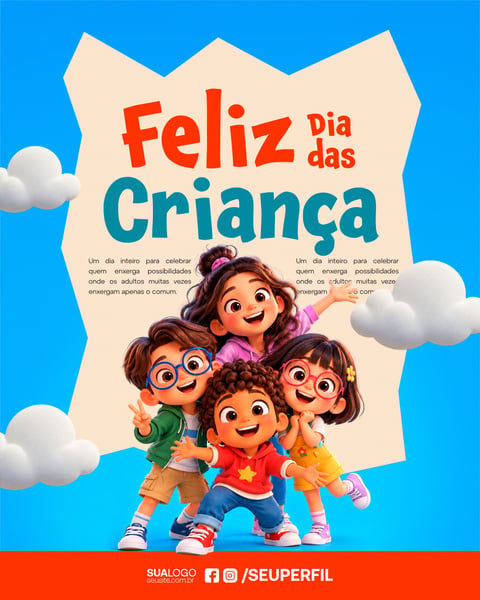 Cartaz De Feliz Dia Das Crianças Com Personagens 3d Cartoon Social Media PSD Editável