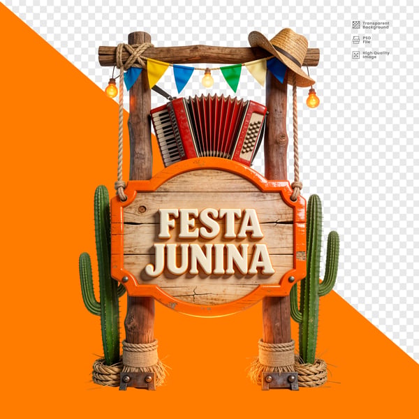 Festa Junina Placa Moldura Laranja Sanfona Cactos Bandeiras Png Transparente