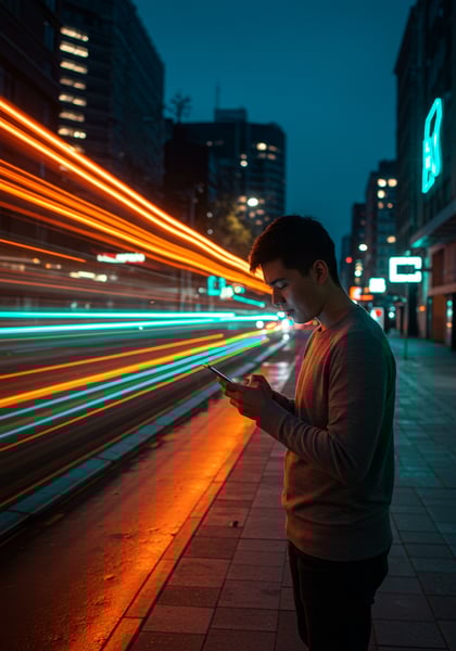 JOVEM USANDO SMARTPHONE NA CIDADE NOITE RASTROS DE LUZ TECNOLOGIA E CONECTIVIDADE URBANA