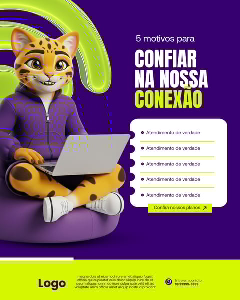 Mascote Gato Ocelot 3d Com Laptop, Conexão Internet Confiável E Atendimento Digital. Personagem Cartoon Fofo Para Serviços Online E Tecnologia Social Media PSD Editável