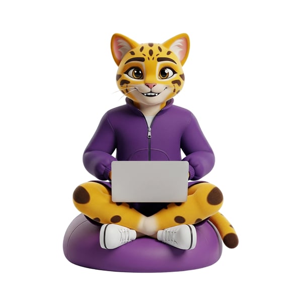 Personagem 3d Guepardo Com Laptop, Mascote Trabalhando Online, Home Office, E-learning, Tecnologia Digital, Ilustração Alegre