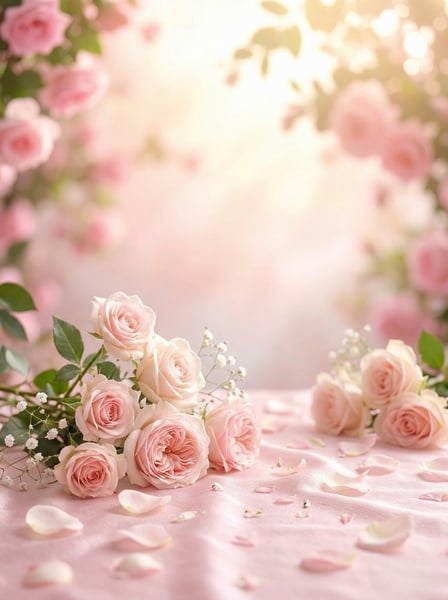 ARRANJO DE ROSAS COR DE ROSA SOBRE TECIDO DE CETIM COM ILUMINAÇÃO SUAVE E FUNDO DESFOCADO