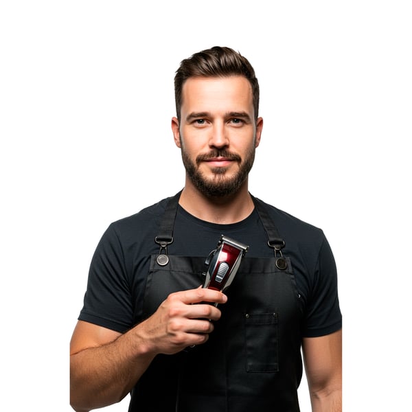 BARBEIRO NEGRO COM BRAÇOS SEGURANDO UMA MÁQUINA DE CORTAR CABELO