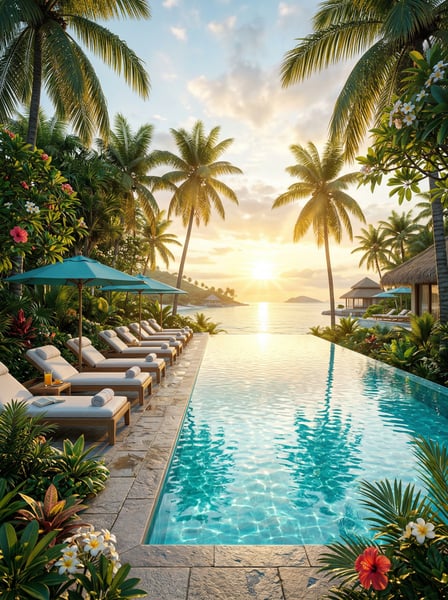 PISCINA EM RESORT TROPICAL COM ESPREGUIÇADEIRAS OMBRELONES AZUIS E VEGETAÇÃO EXÓTICA SOB A LUZ DO SOL 1