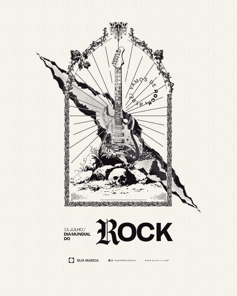 Dia Mundial do Rock Guitarra Gótica Caveira Social Media PSD Editável