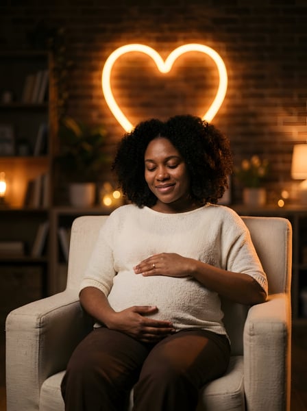 MULHER GRÁVIDA SEGURANDO A BARRIGA SENTADA NO SOFÁ COM UM CORAÇÃO LUMINOSO AO FUNDO 2