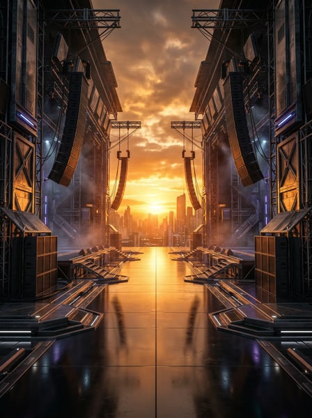 PALCO DE EVENTOS COM ESTRUTURAS DE SOM SIMÉTRICAS E VISTA URBANA AO PÔR DO SOL 1