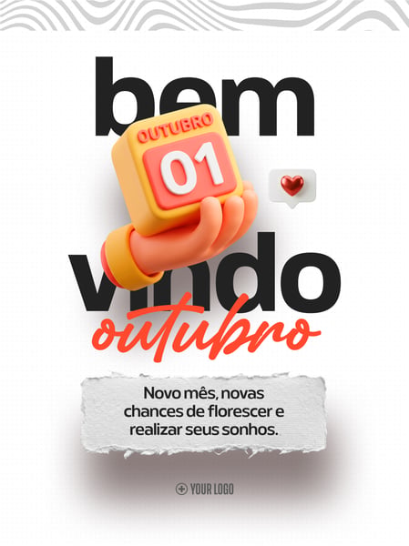 BEM VINDO OUTUBRO CALENDÁRIO 3D SOCIAL MEDIA FLYER PSD EDITÁVEL