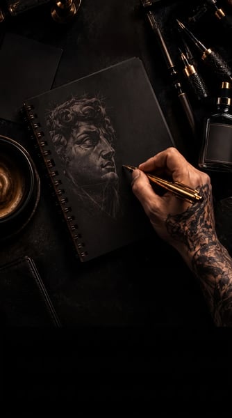 CADERNO COM DESENHO E MÃO DESENHANDO