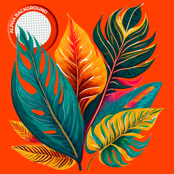 ELEMENTO FOLHAS TROPICAIS COLORIDAS PARA COMPOSIÇÃO PNG TRANSPARENTE SEM FUNDO