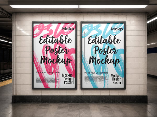 POSTERS EMOLDURADOS MOCKUP NA ESTAÇÃO DE METRO PAREDE DA PLATAFORMA