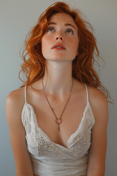 UMA LINDA MULHER RUIVA, OLHANDO PARA CIMA - IMAGEM