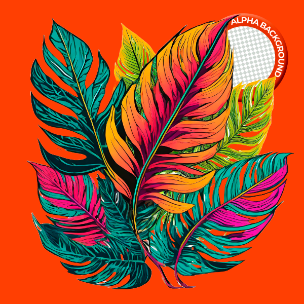 ELEMENTO FOLHAS TROPICAIS COLORIDAS PARA COMPOSIÇÃO PNG TRANSPARENTE SEM FUNDO