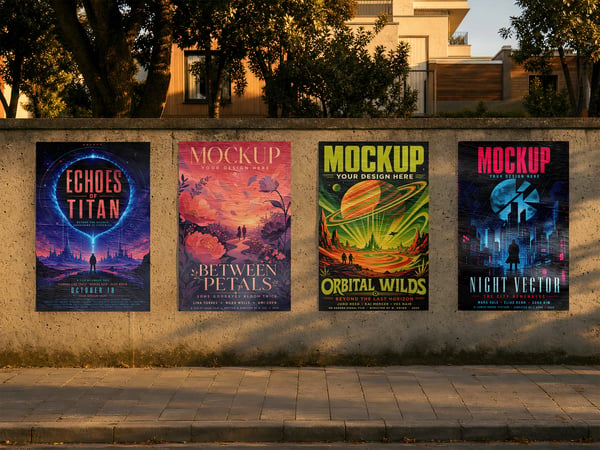 Quatro POSTERS MOCKUP EM MURO EXTERNO CALÇADA AO FUNDO